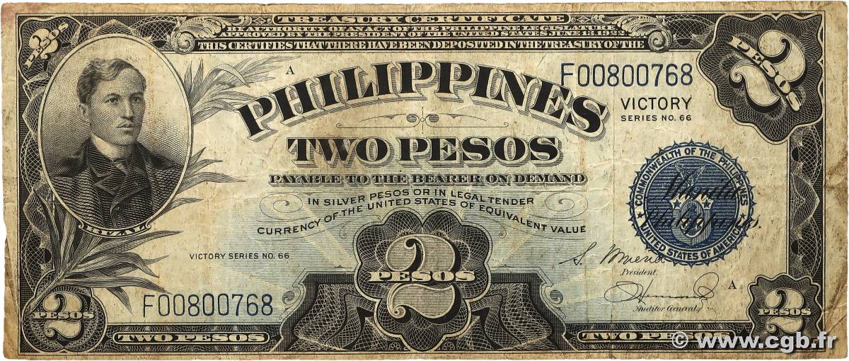 2 Pesos PHILIPPINES  1944 P.095a VG