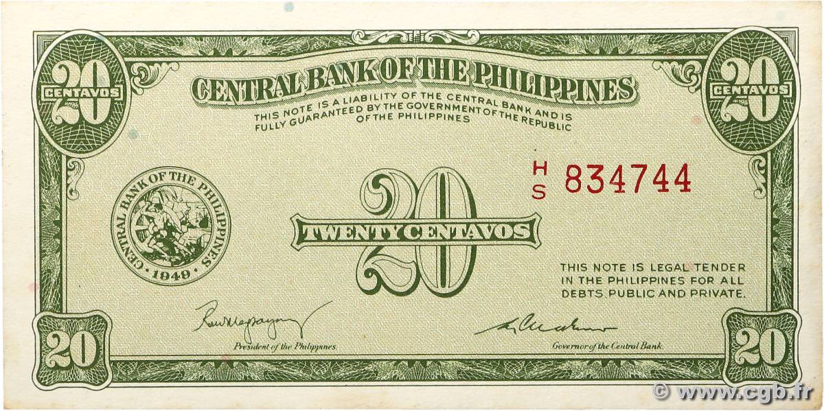 20 Centavos PHILIPPINES  1949 P.130a AU