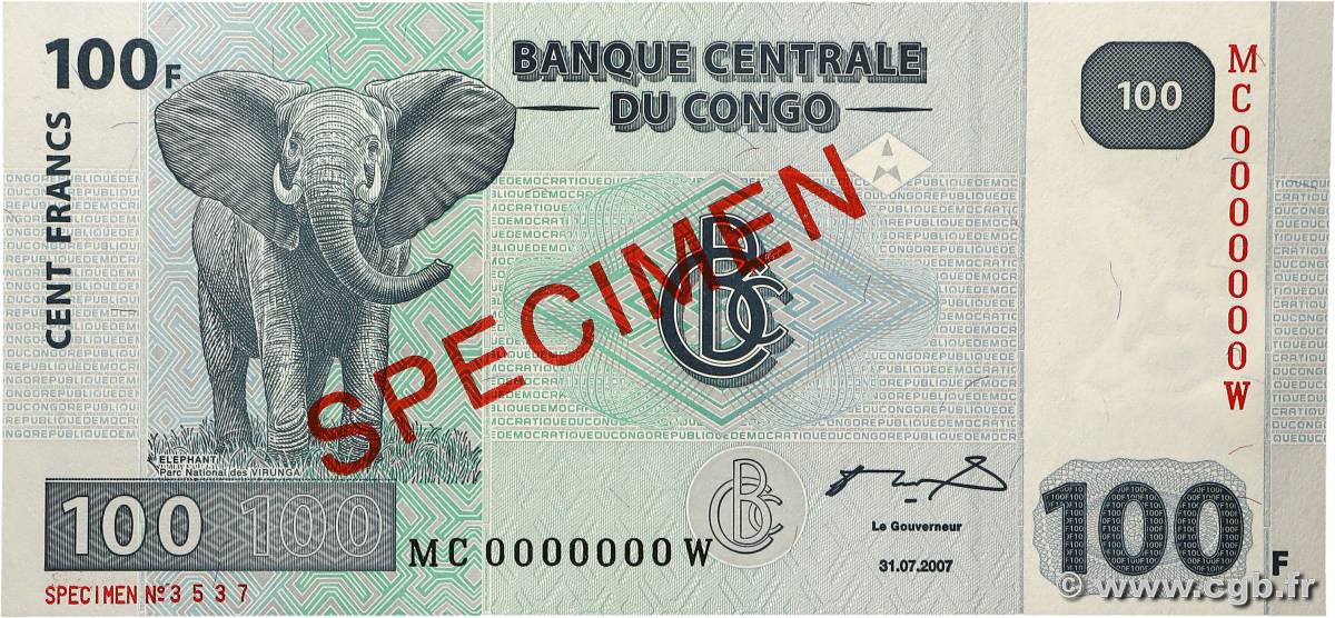 100 Francs Spécimen RÉPUBLIQUE DÉMOCRATIQUE DU CONGO  2007 P.098As NEUF