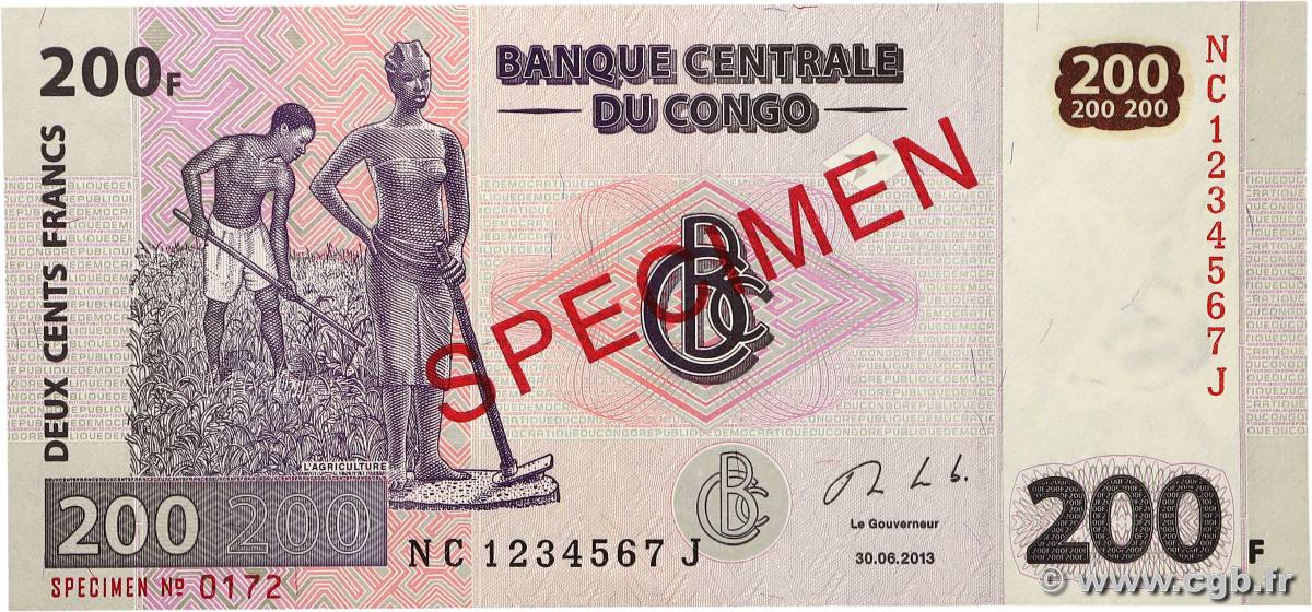 200 Francs Spécimen RÉPUBLIQUE DÉMOCRATIQUE DU CONGO  2013 P.099bs pr.NEUF