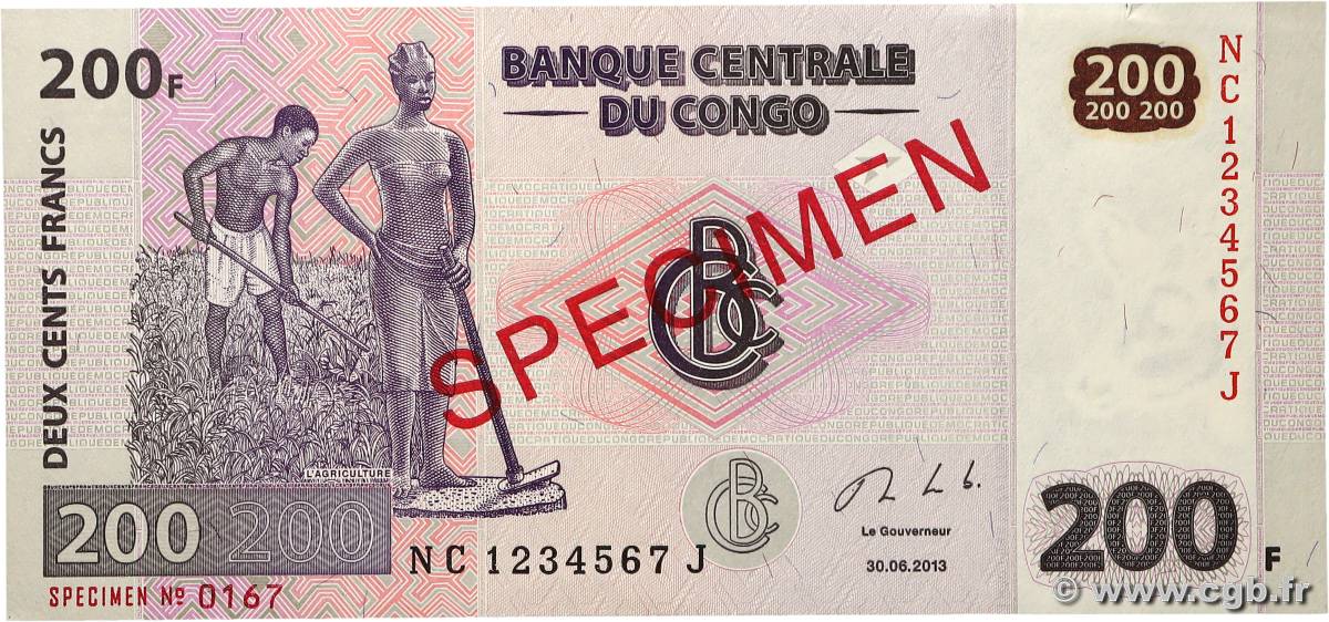 200 Francs Spécimen RÉPUBLIQUE DÉMOCRATIQUE DU CONGO  2013 P.099bs SPL