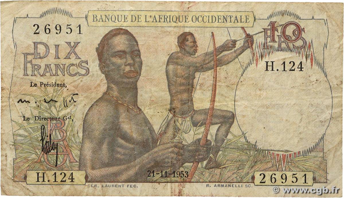 10 Francs FRENCH WEST AFRICA  1953 P.37 F