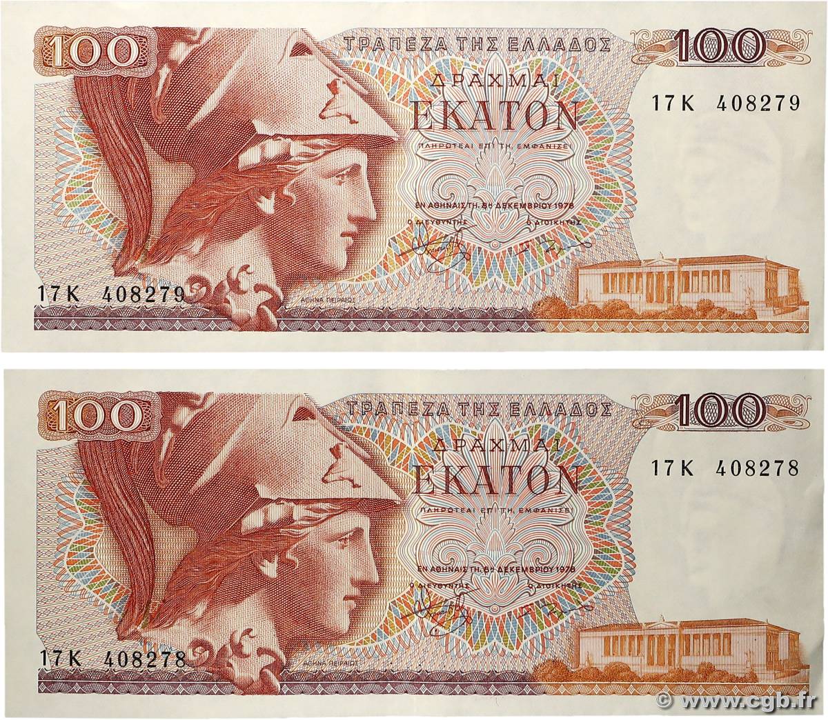 100 Drachmes Lot GREECE  1978 P.200a VF+