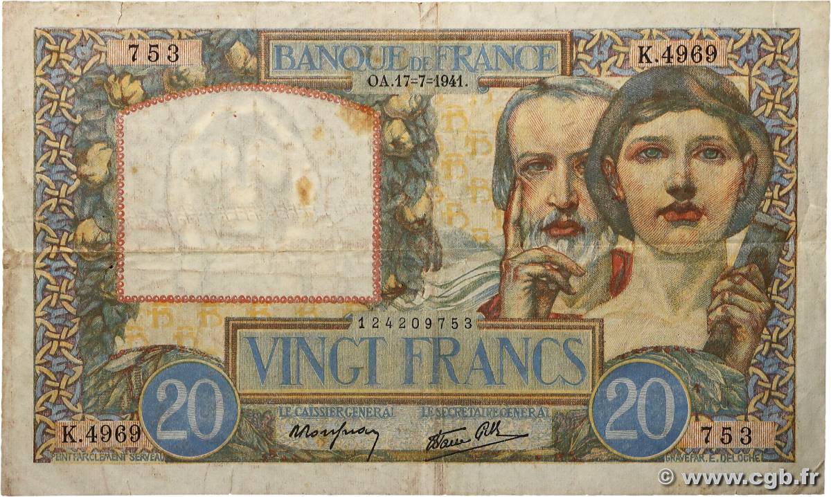 20 Francs TRAVAIL ET SCIENCE FRANCE  1941 F.12.16 TB+