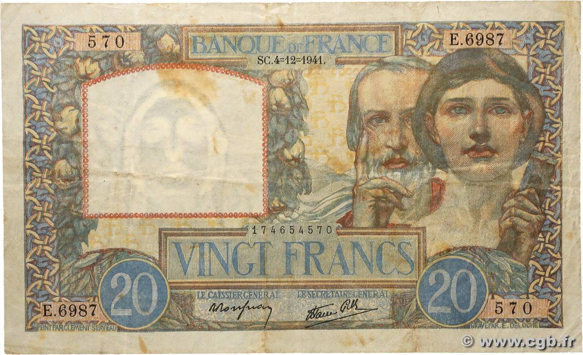 20 Francs TRAVAIL ET SCIENCE FRANCE  1941 F.12.20 F+