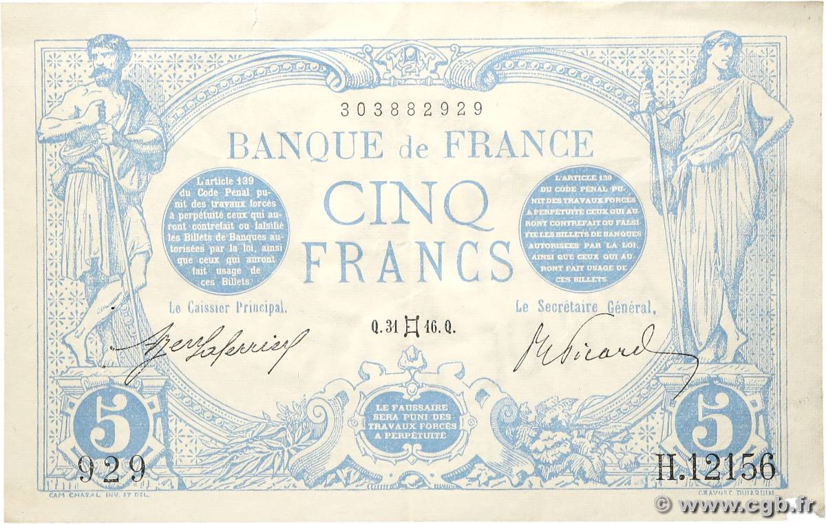 5 Francs BLEU FRANCE  1916 F.02.39 VF+