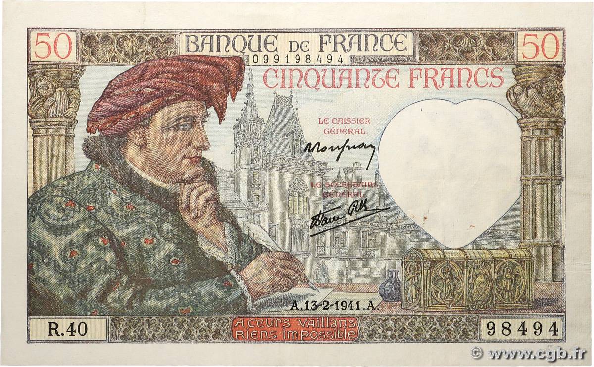 50 Francs JACQUES CŒUR FRANCIA  1941 F.19.06 MBC