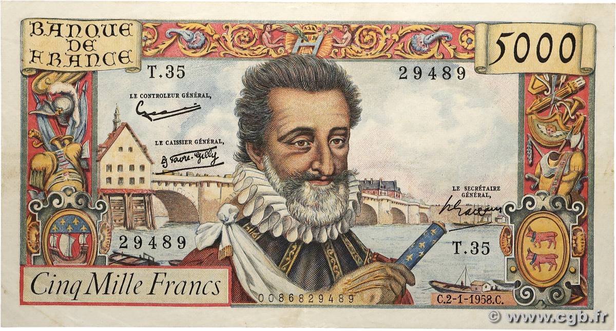 5000 Francs HENRI IV FRANCIA  1958 F.49.05 MBC