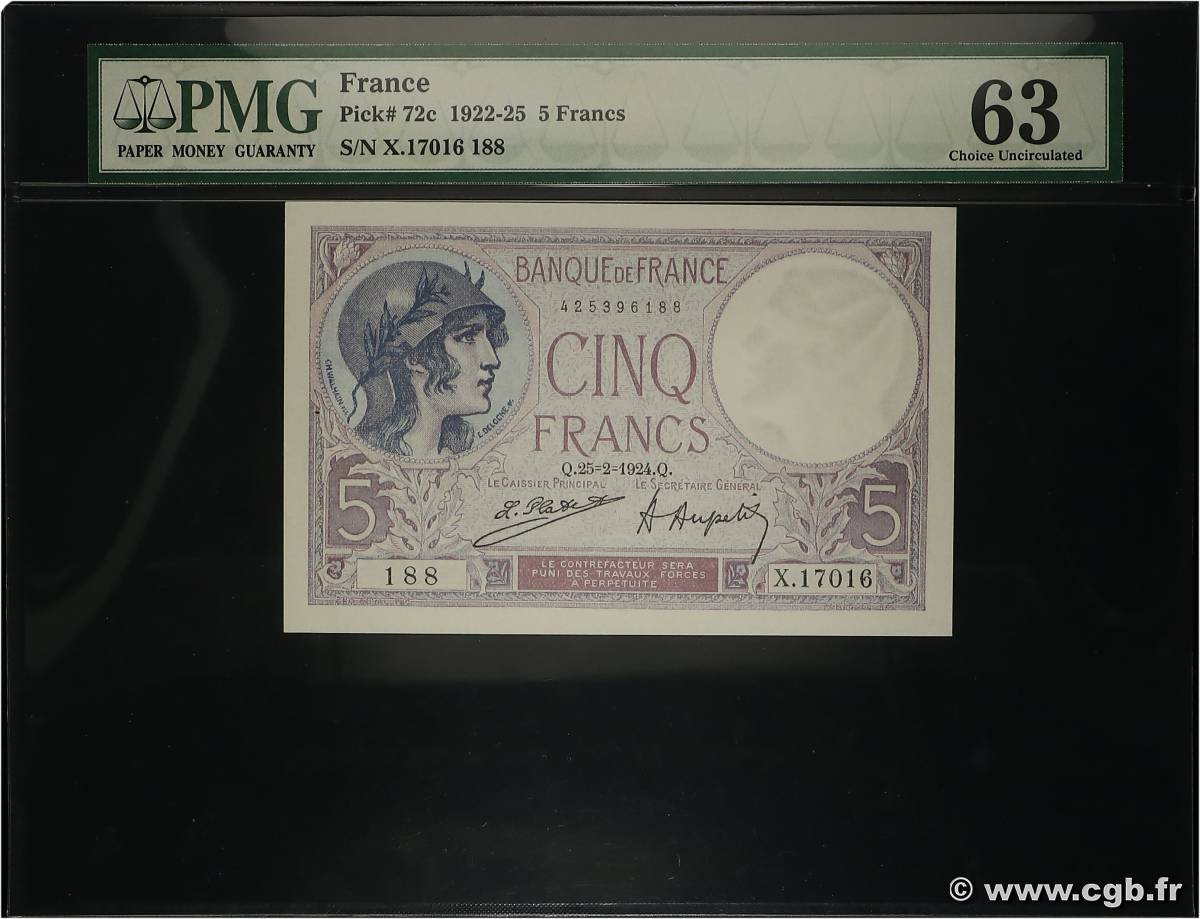 5 Francs FEMME CASQUÉE FRANCE  1924 F.03.08 UNC-
