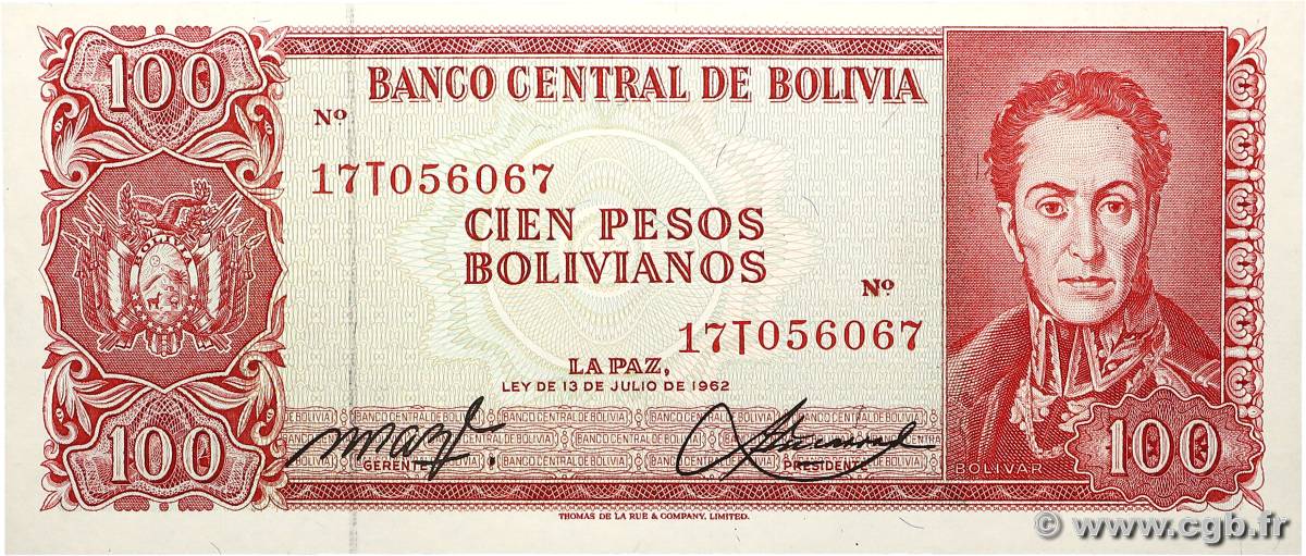 100 Pesos Bolivianos BOLIVIA  1962 P.164A UNC-