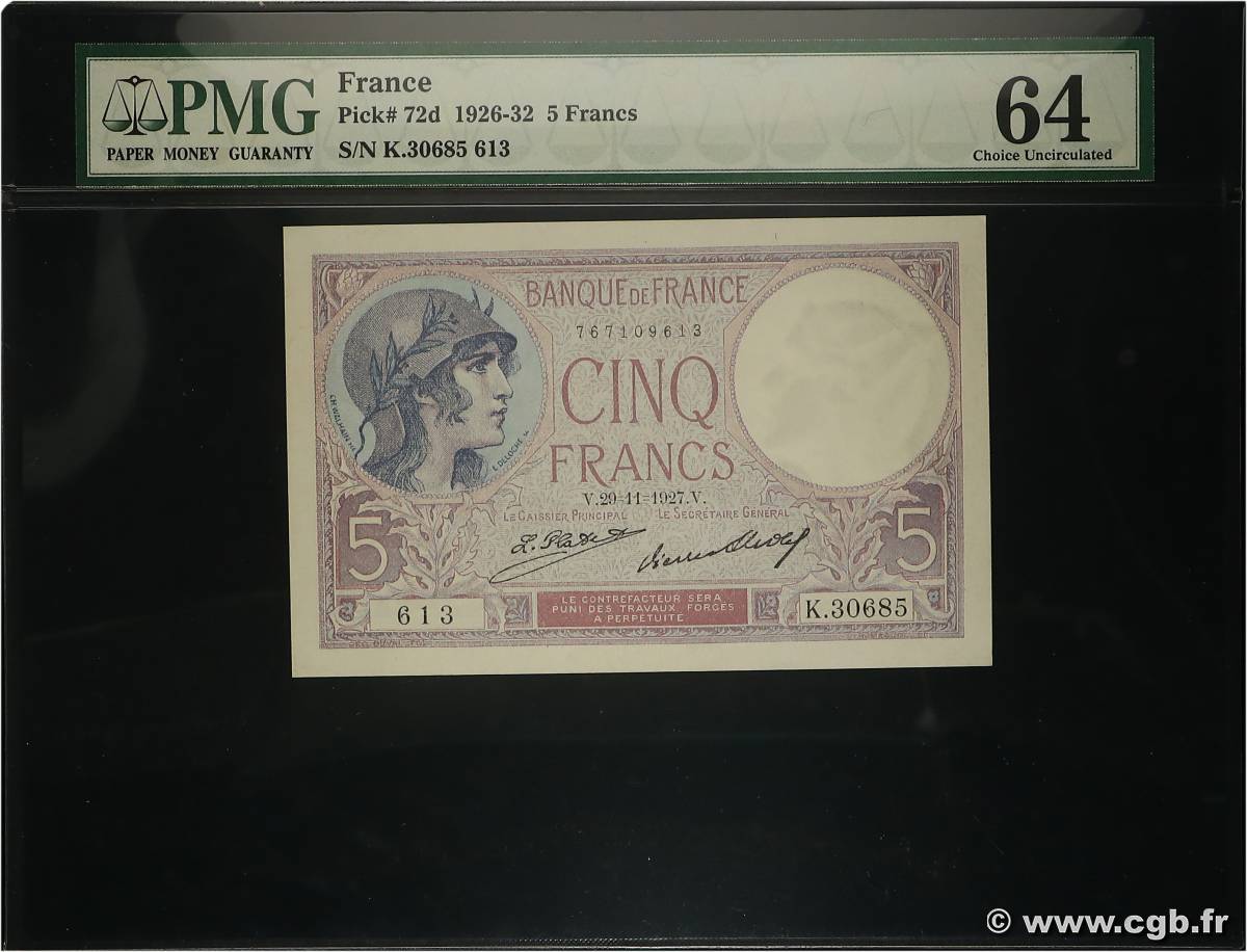 5 Francs FEMME CASQUÉE FRANCIA  1927 F.03.11 SC+