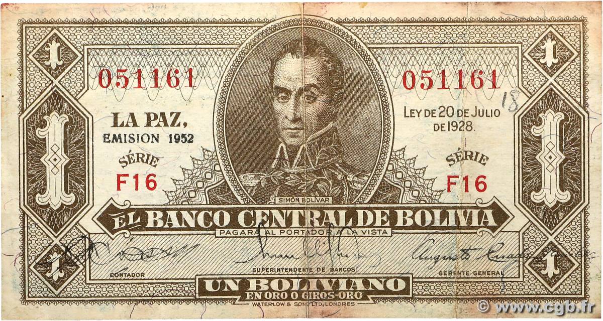 1 Boliviano BOLIVIA  1928 P.128c VF