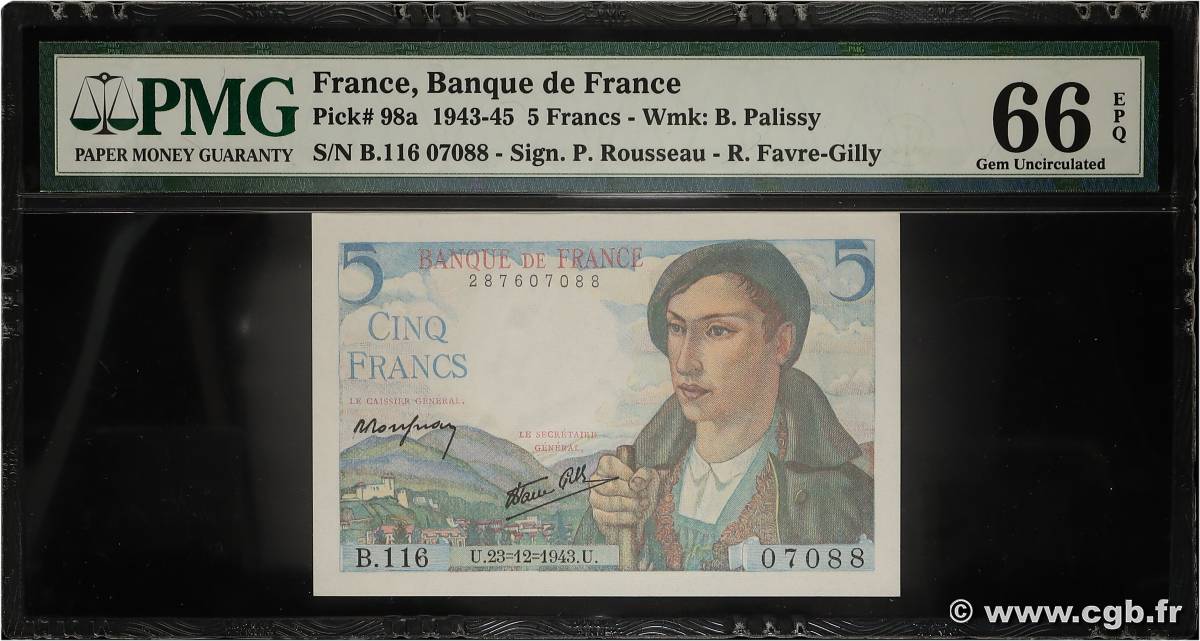 5 Francs BERGER FRANCIA  1943 F.05.05 FDC