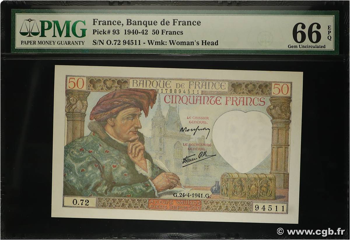 50 Francs JACQUES CŒUR FRANCIA  1941 F.19.09 FDC