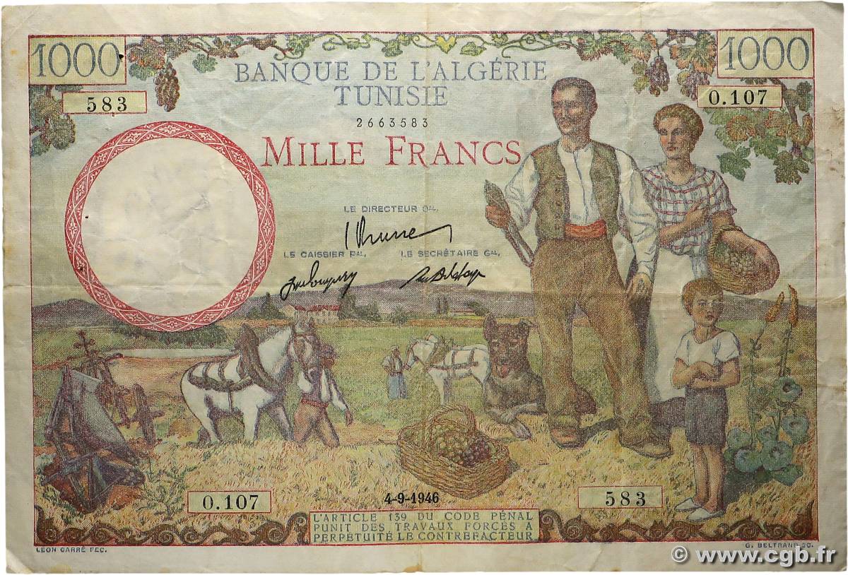 1000 Francs TUNISIA  1946 P.26 F+