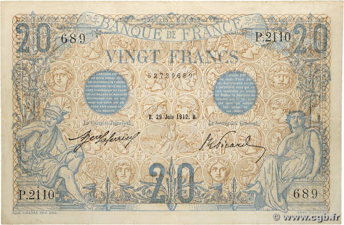 20 Francs BLEU FRANCIA  1912 F.10.02 BC+