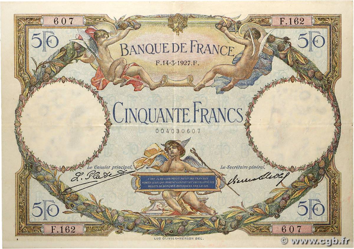 50 Francs LUC OLIVIER MERSON FRANCIA  1927 F.15.01 MBC