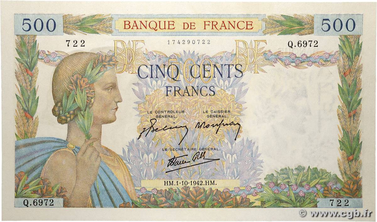 500 Francs LA PAIX FRANCIA  1942 F.32.41 SC+