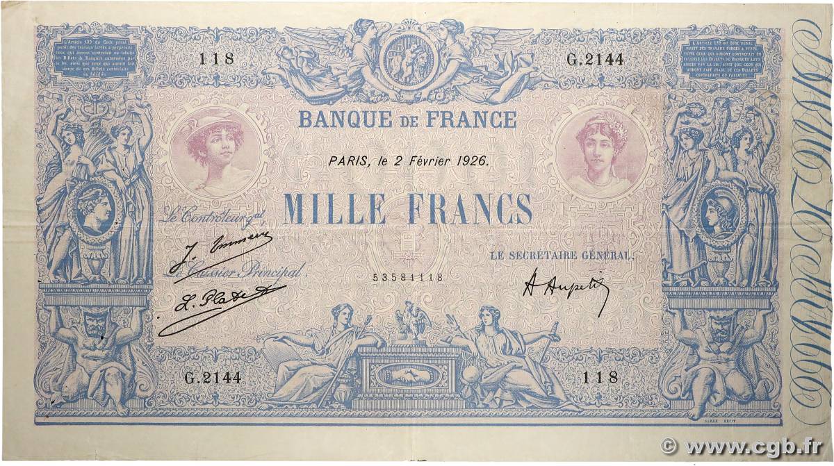 1000 Francs BLEU ET ROSE FRANKREICH  1926 F.36.42 SS