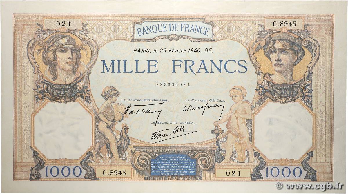 1000 Francs CÉRÈS ET MERCURE type modifié FRANCIA  1940 F.38.43 EBC+