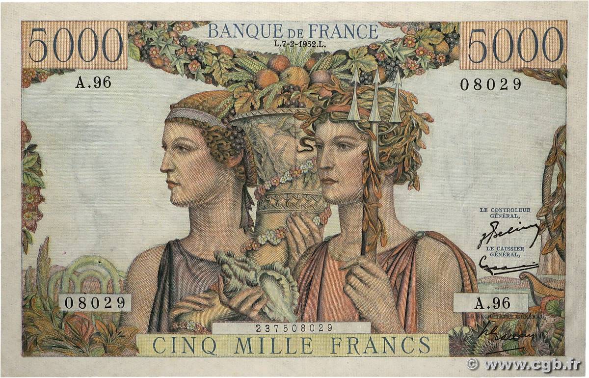 5000 Francs TERRE ET MER FRANKREICH  1952 F.48.06 fVZ