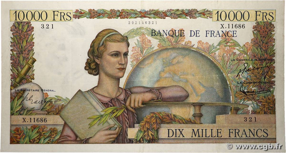 10000 Francs GÉNIE FRANÇAIS FRANCE  1956 F.50.81 VF