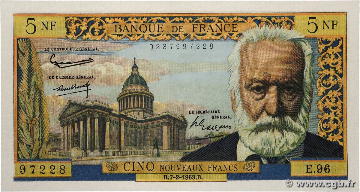 5 Nouveaux Francs VICTOR HUGO FRANCE  1963 F.56.13 SUP+