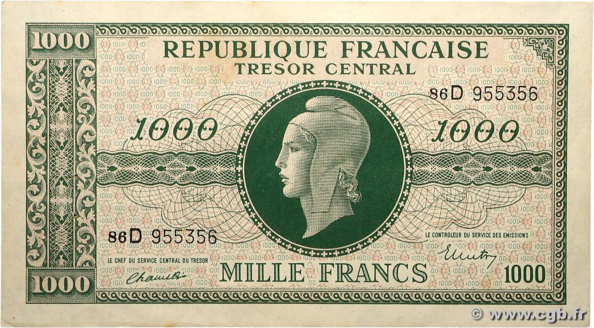1000 Francs MARIANNE THOMAS DE LA RUE FRANCE  1945 VF.13.01 AU