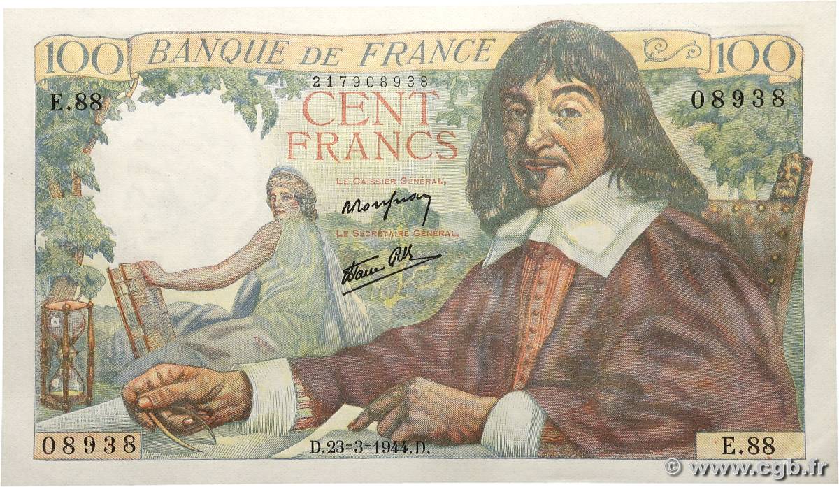 100 Francs DESCARTES FRANCIA  1944 F.27.05 SC+