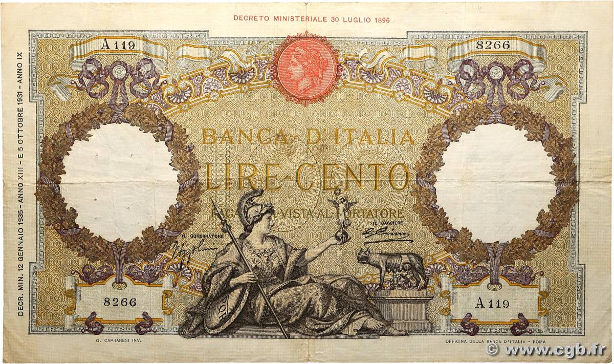 100 Lire ITALIA  1935 P.055a BC+