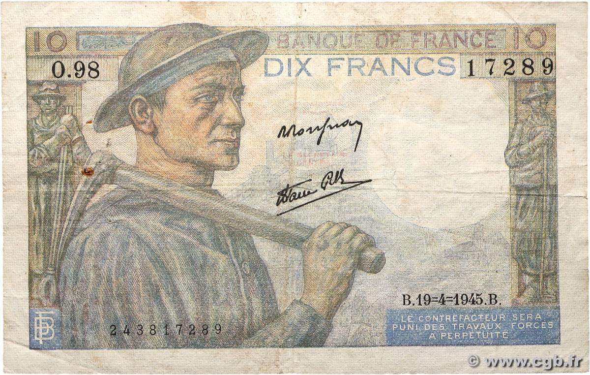 10 Francs MINEUR FRANCE  1945 F.08.13 TB