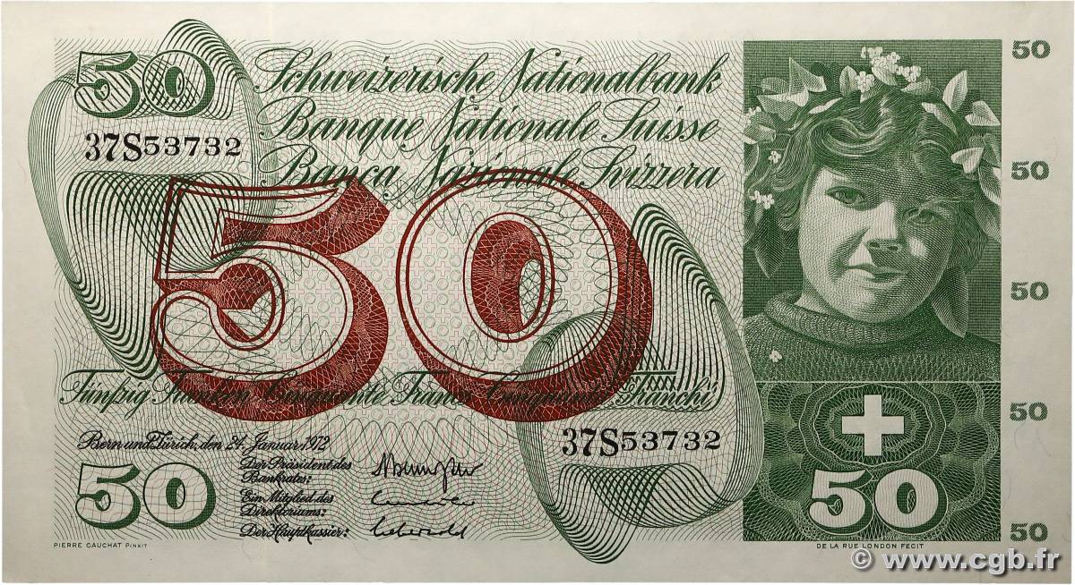 50 Francs SUISSE  1972 P.48l pr.NEUF