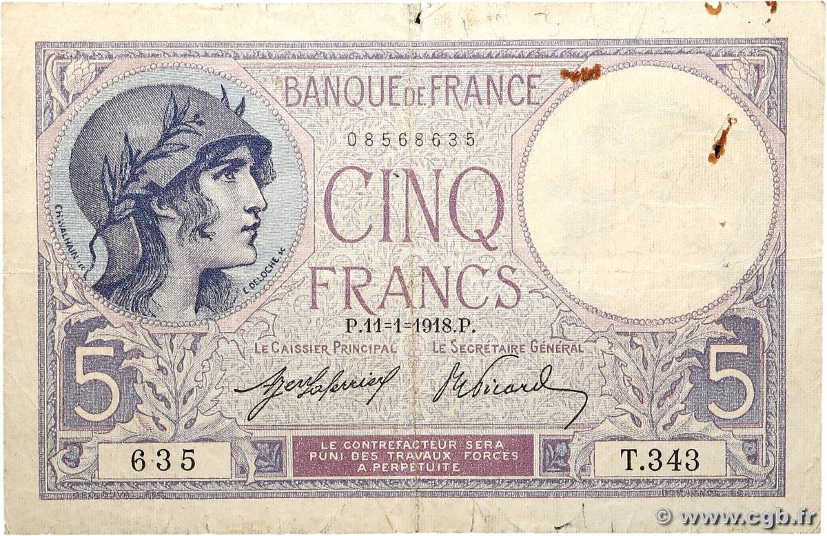 5 Francs FEMME CASQUÉE FRANCE  1918 F.03.02 F-