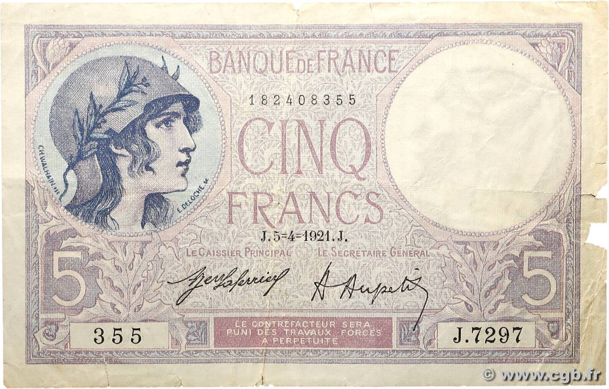 5 Francs FEMME CASQUÉE FRANCE  1921 F.03.05 F-