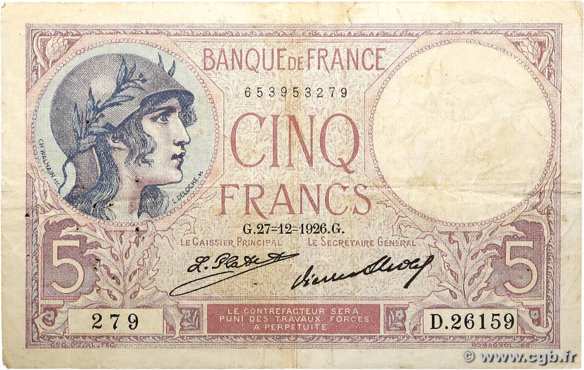 5 Francs FEMME CASQUÉE FRANCE  1926 F.03.10 F