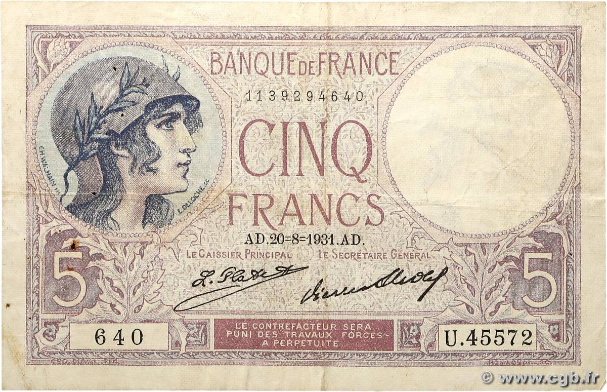 5 Francs FEMME CASQUÉE FRANCE  1931 F.03.15 F