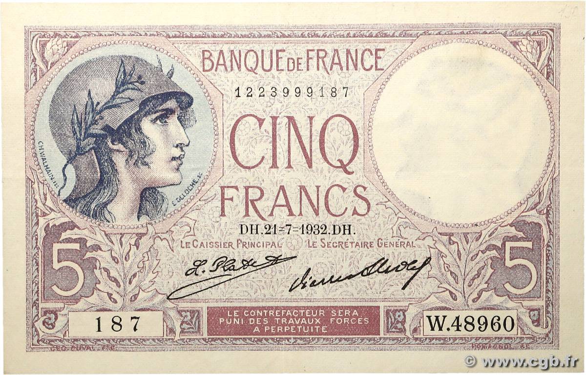 5 Francs FEMME CASQUÉE FRANCE  1932 F.03.16 VF+