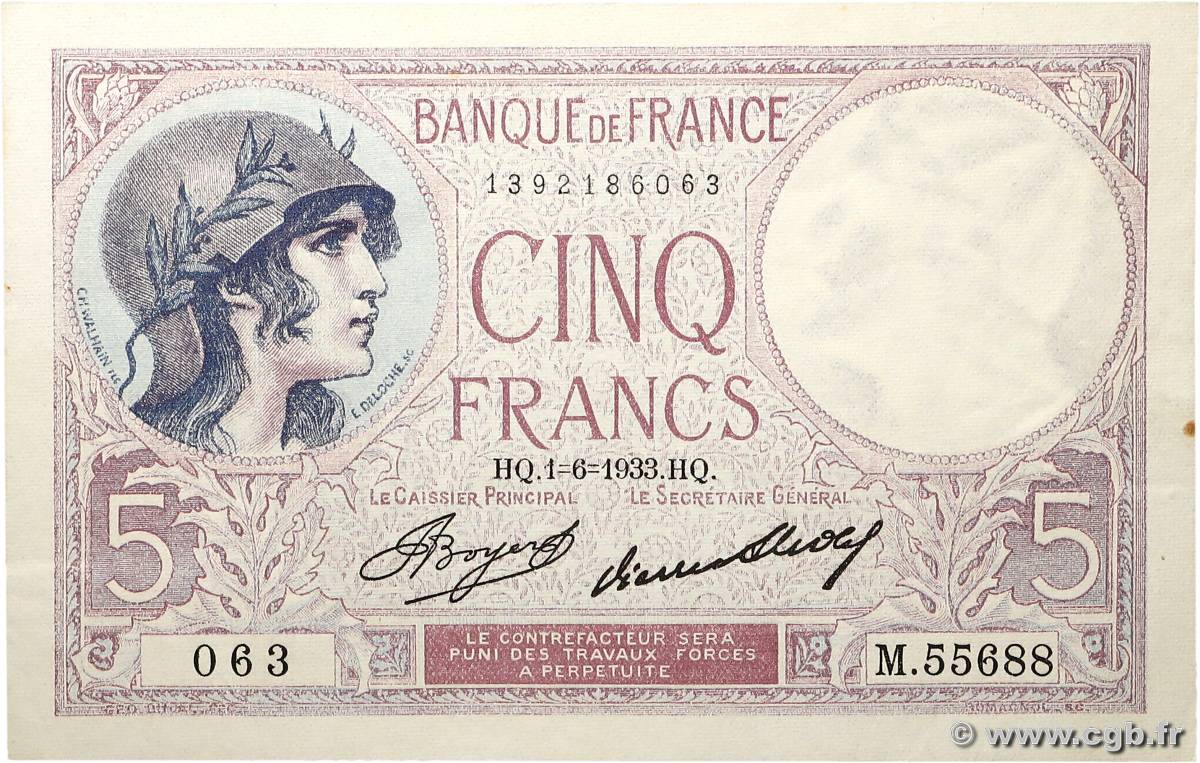 5 Francs FEMME CASQUÉE FRANCE  1933 F.03.17 XF+