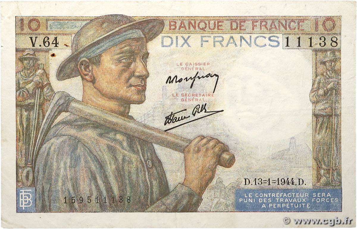 10 Francs MINEUR FRANCE  1944 F.08.10 VF