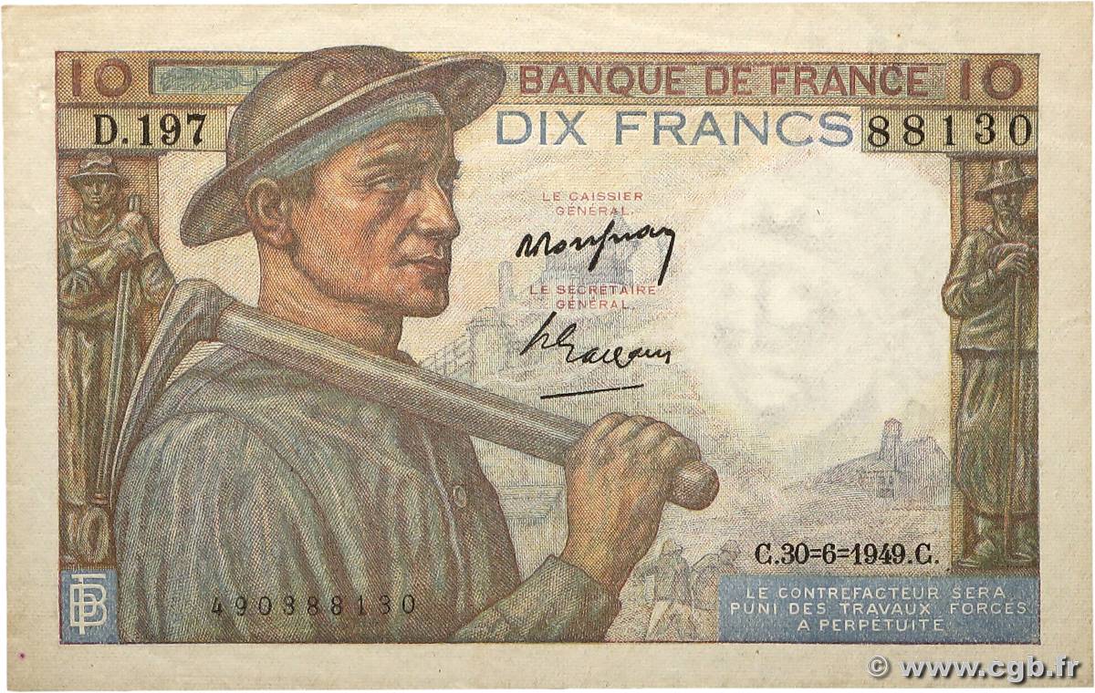10 Francs MINEUR FRANCE  1949 F.08.22 XF+
