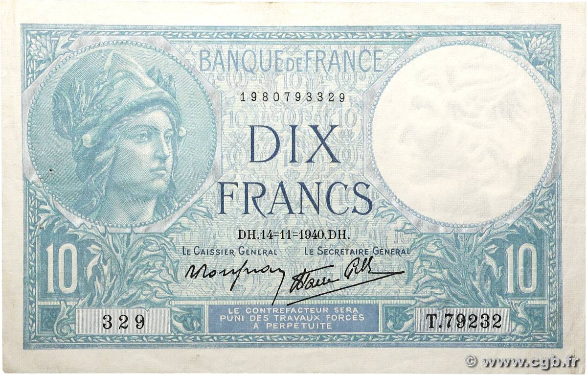10 Francs MINERVE modifié FRANCE  1940 F.07.20 VF+