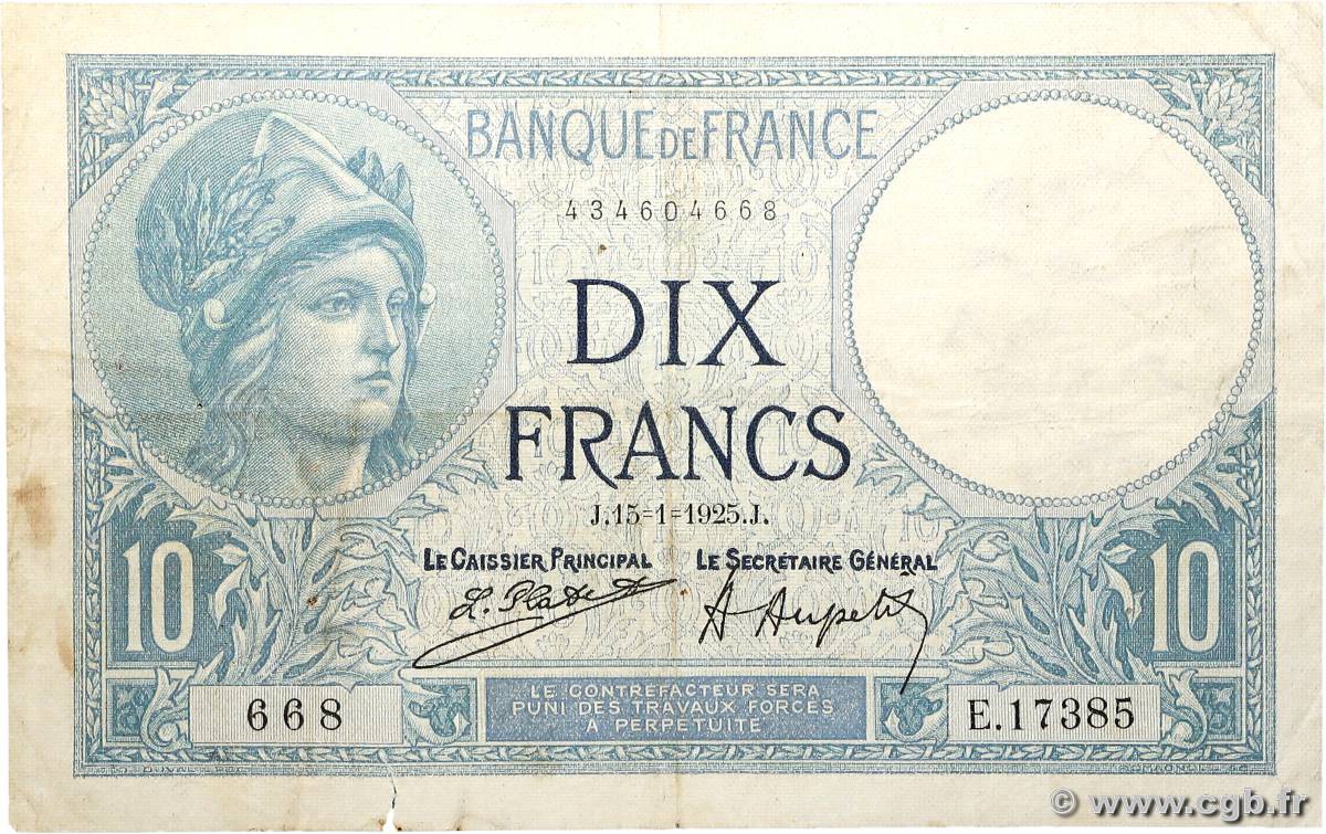 10 Francs MINERVE FRANCE  1925 F.06.09 F+