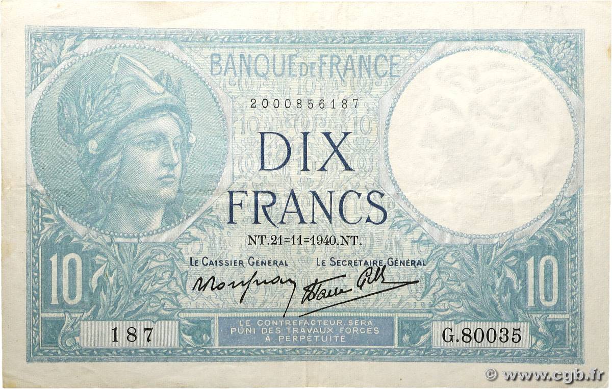 10 Francs MINERVE modifié FRANCE  1940 F.07.21 VF