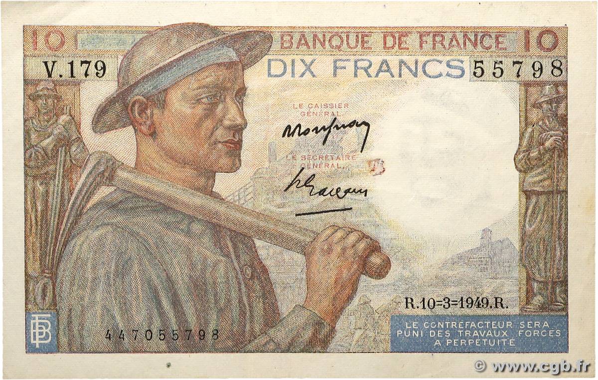 10 Francs MINEUR FRANCE  1949 F.08.20 VF+
