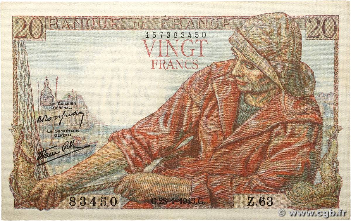20 Francs PÊCHEUR FRANCE  1943 F.13.05 VF