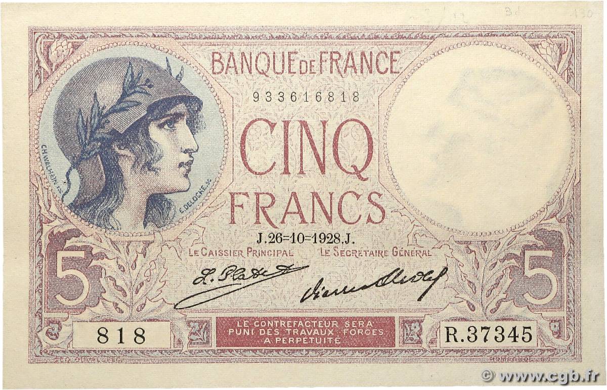 5 Francs FEMME CASQUÉE FRANCE  1928 F.03.12 XF