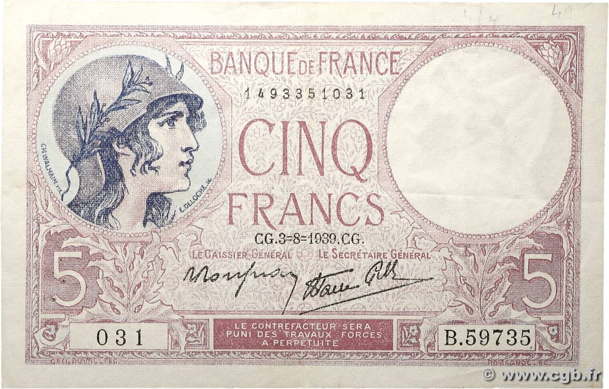5 Francs FEMME CASQUÉE modifié FRANCE  1939 F.04.04 VF+