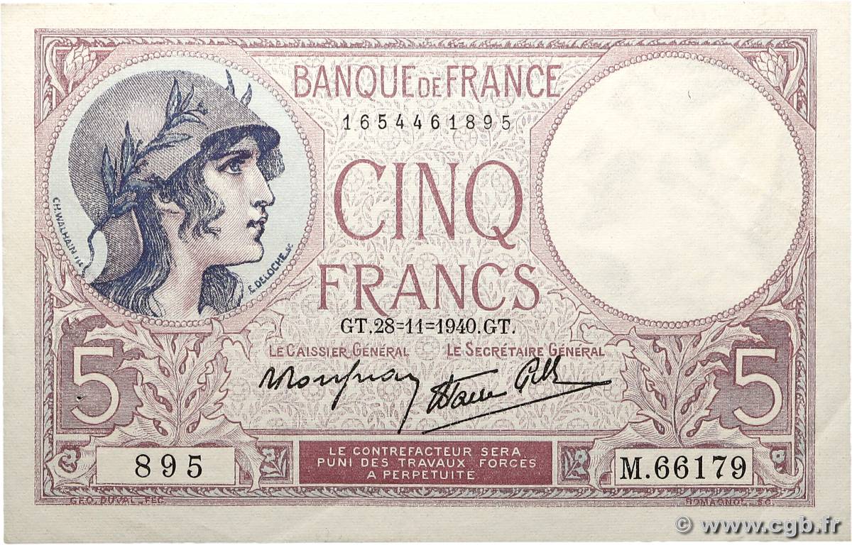 5 Francs FEMME CASQUÉE modifié FRANCE  1940 F.04.15 XF+