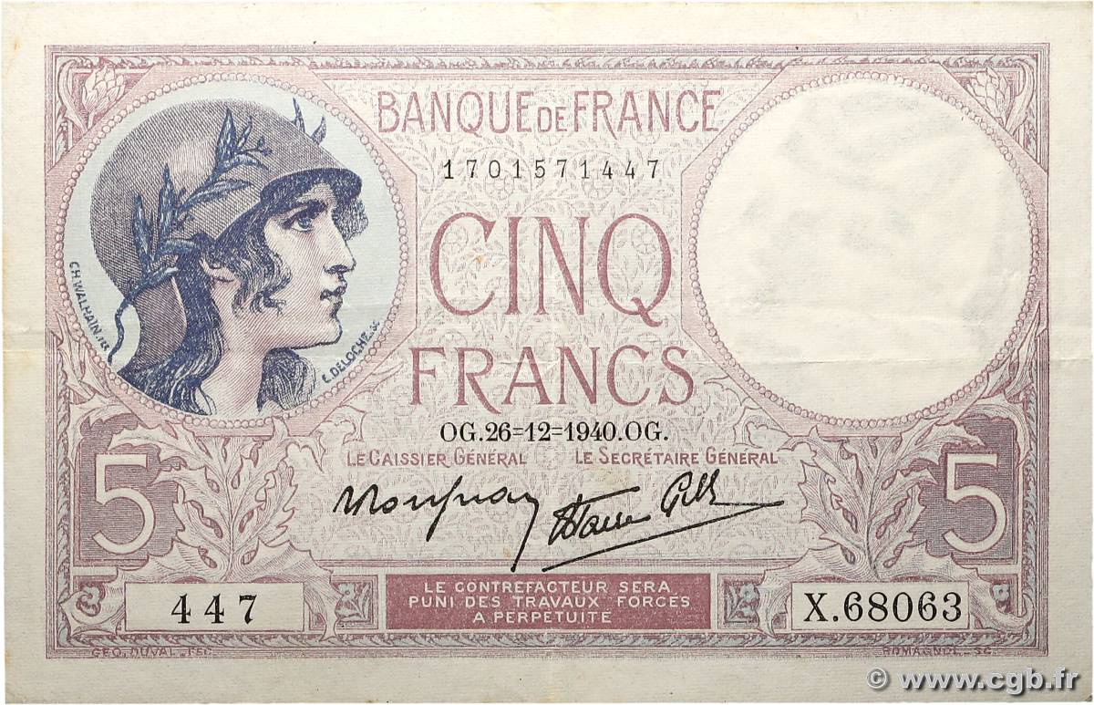 5 Francs FEMME CASQUÉE modifié FRANCE  1940 F.04.18 VF+