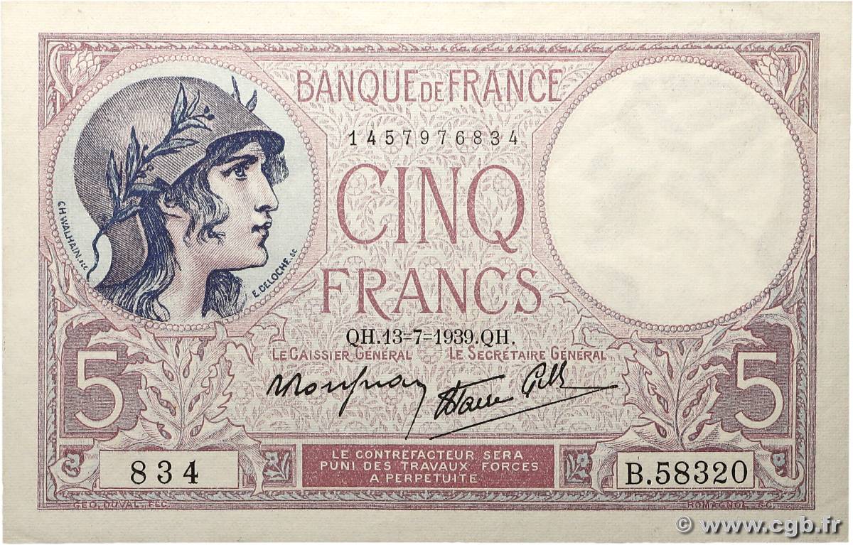5 Francs FEMME CASQUÉE modifié FRANCE  1939 F.04.01 AU+